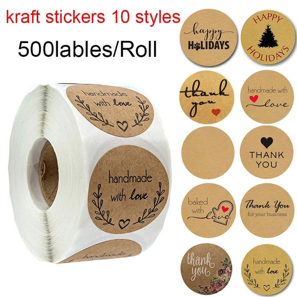 500 Labels per roll Round Natural Kraft Thank You Sticker seal labes Hand Made With Love Sticker Paper Stationery sticker - AZEKStore