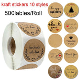 500 Labels per roll Round Natural Kraft Thank You Sticker seal labes Hand Made With Love Sticker Paper Stationery sticker - AZEKStore